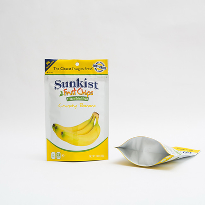 জিপার সহ 1.4oz শুকনো কলা চিপস ফুড প্যাকেজিং পুনর্ব্যবহারযোগ্য স্ট্যান্ড আপ পাউচ