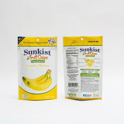 জিপার সহ 1.4oz শুকনো কলা চিপস ফুড প্যাকেজিং পুনর্ব্যবহারযোগ্য স্ট্যান্ড আপ পাউচ